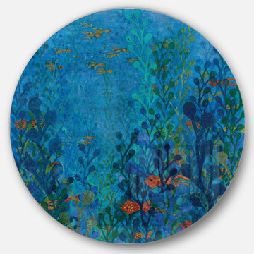 Blue Underwater Lake leaves I - Floral Metal Circle Wall Art